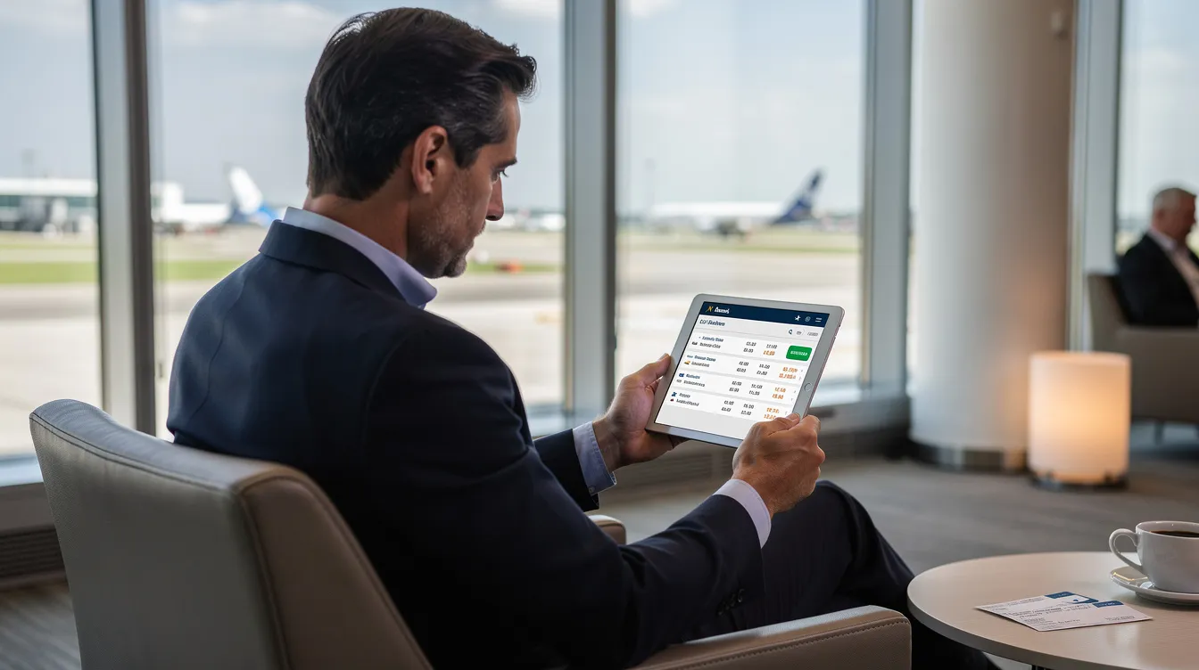 A business traveler is seated in a comfortable airport lounge, intently checking flight options on a tablet. The scene reflects the modern commercial air travel experience, highlighting the traveler’s focus on booking flights through platforms like Delta Air Lines, while considering both premium cabin flights and private aviation options.