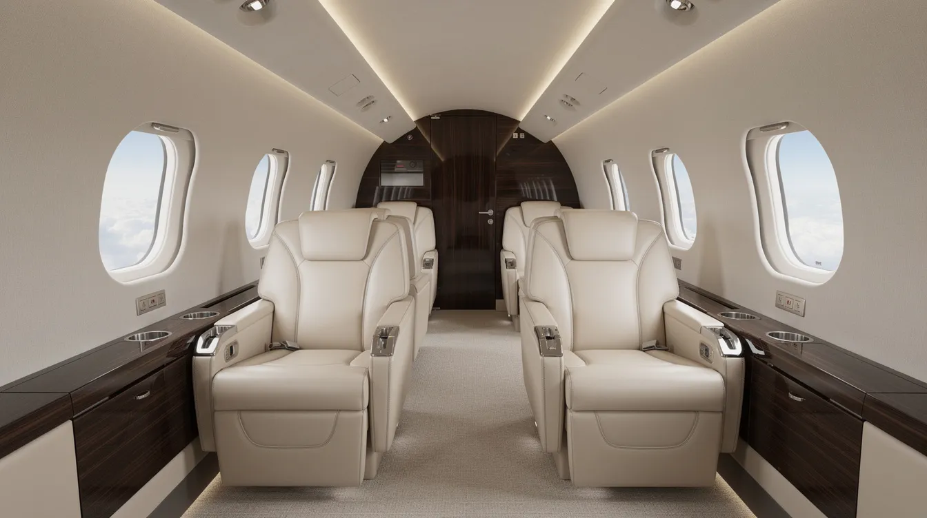 The image depicts the luxurious interior of a modern business jet cabin, featuring plush leather seats and elegant wood finishes. This well-maintained aircraft, ideal for private jet travel, showcases a sophisticated design that enhances the flying experience.