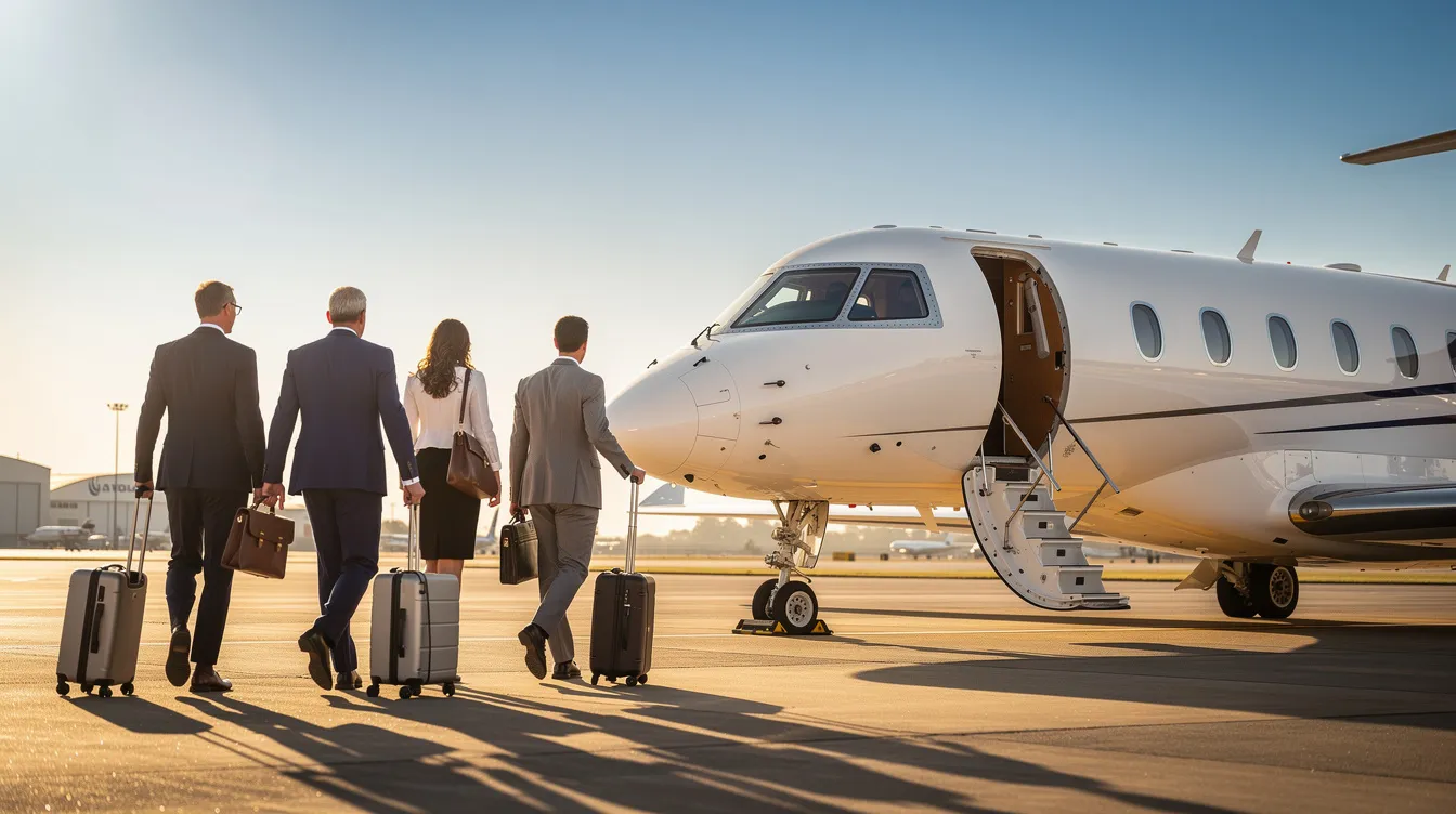 A group of business travelers is walking toward a sleek private jet on a sunny runway, showcasing the modern design of a Cessna Citation. The scene emphasizes the luxury and convenience of private jet travel, ideal for those seeking excellent maintenance history and low utilization for their journeys.