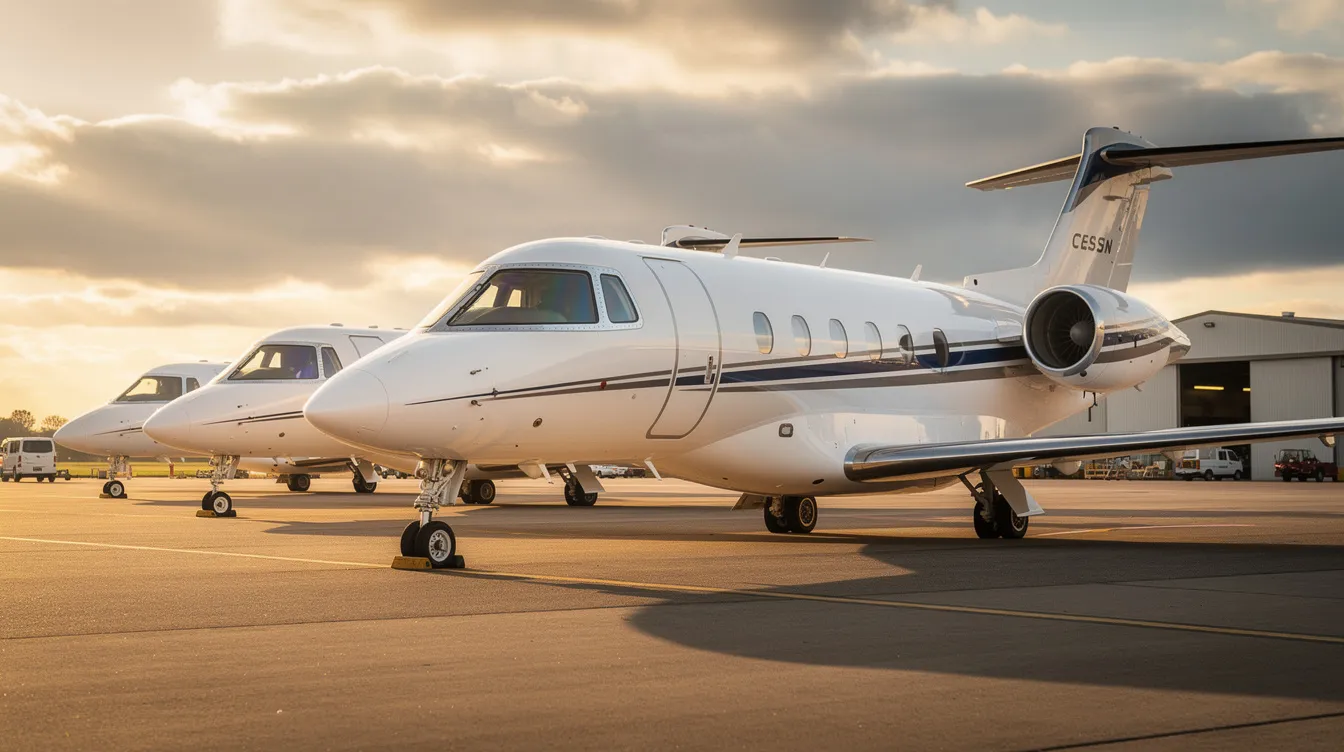 The image showcases a sleek Cessna Citation jet, highlighting its elegant design and luxurious interior features. This business jet is noted for its excellent maintenance history and low utilization, making it an attractive option for potential buyers seeking a reliable aircraft for sale.