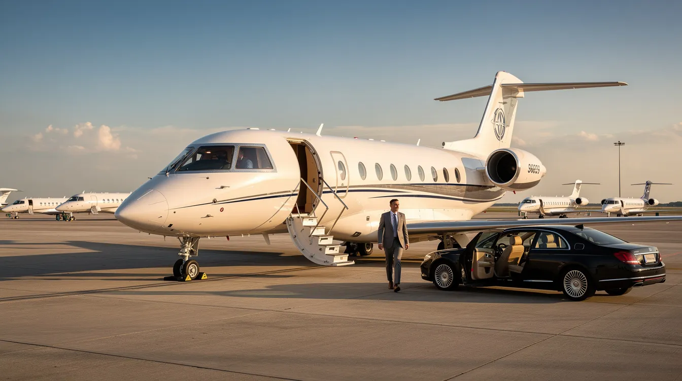 The image depicts a sleek private jet parked at a luxurious airport, ready for private jet travelers to embark on their journey to Tel Aviv, Israel. The spacious cabin is designed for comfort, making it an ideal choice for both business and leisure travelers seeking an exclusive flying experience.