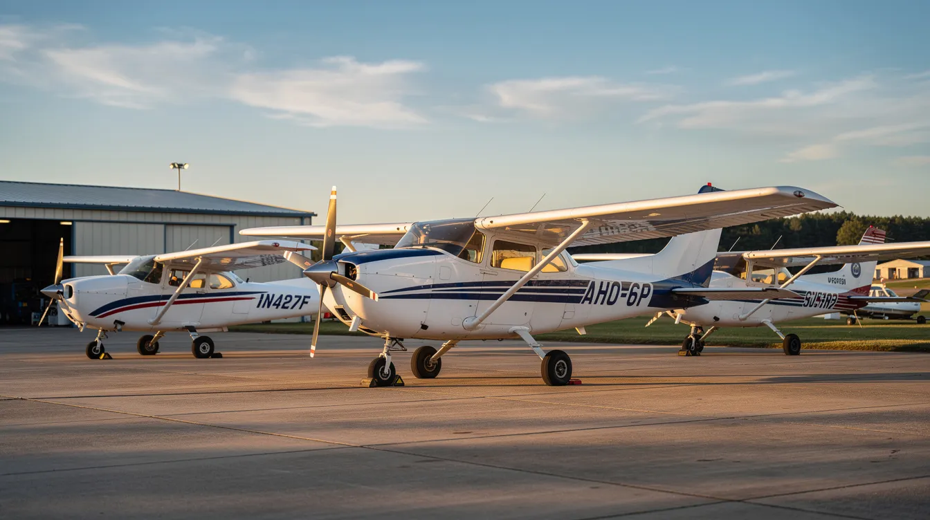 The image features a Cessna 172 aircraft, a popular choice among pilots for training and recreational flying. It showcases the sleek design of the plane, equipped with modern avionics and a spacious cockpit, ideal for flight enthusiasts looking to rent or fly a reliable airplane.