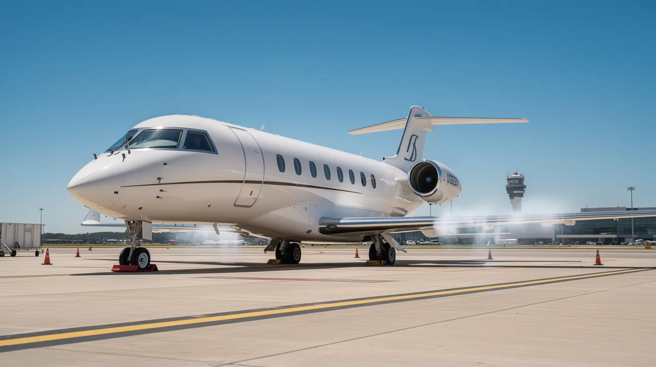 A modern private jet aircraft is parked on the airport tarmac under a clear blue sky, showcasing its sleek design and advanced avionics. This scene highlights the luxury and performance of contemporary aircraft, ideal for pilots looking to rent a cessna 172 or similar planes for their flying needs.