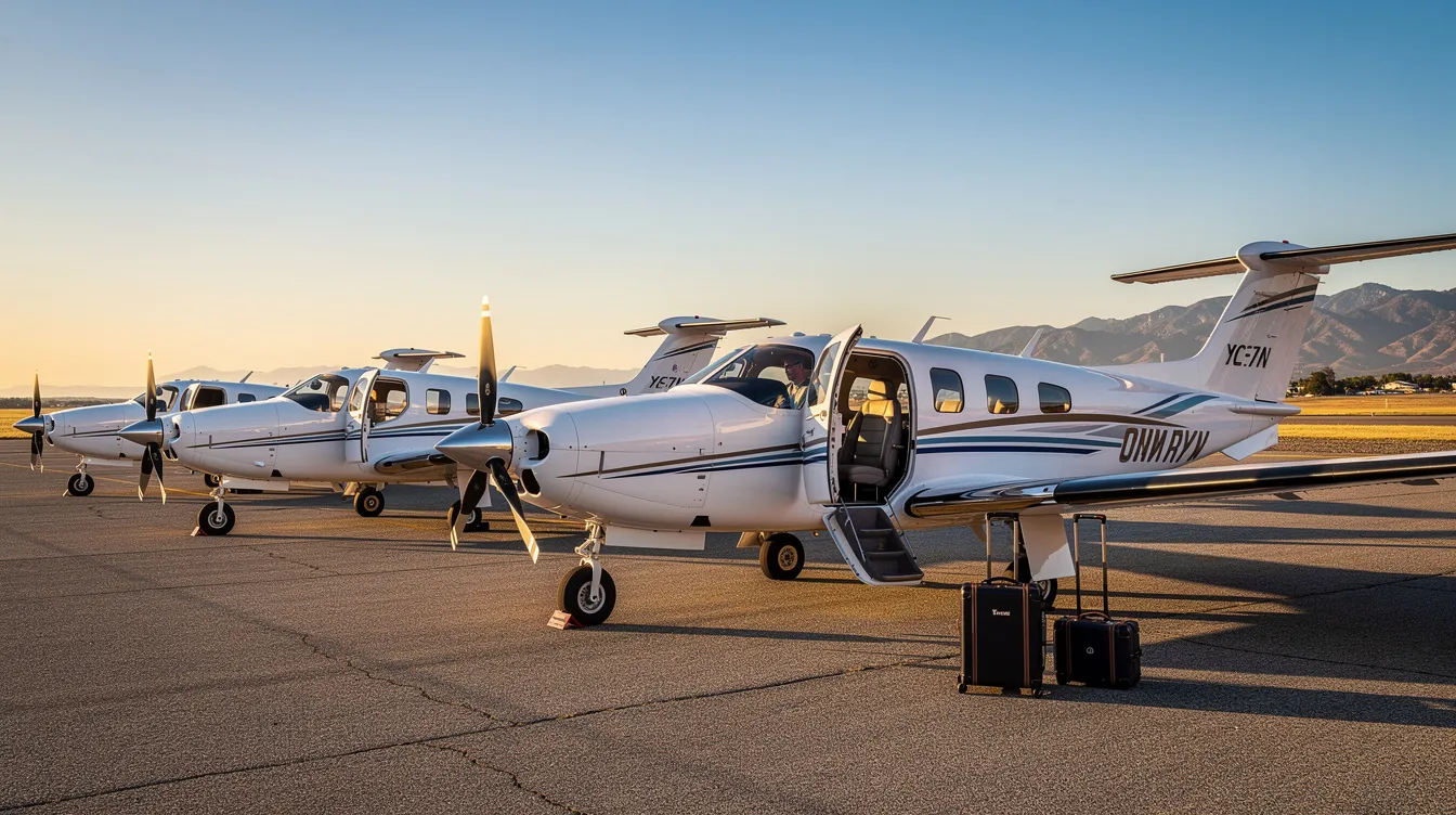 The image features a small Cessna plane designed for private travel, showcasing its sleek exterior and compact size. Inside, the aircraft is designed for comfort, highlighting its modern interior that balances luxury with functionality, perfect for owners and students of aviation alike.