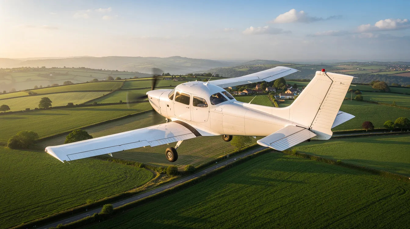 A white single-engine Cessna aircraft is soaring above lush green countryside, showcasing the beauty of aviation in a serene landscape. The plane's sleek design highlights its role as a reliable and versatile single-engine aircraft.