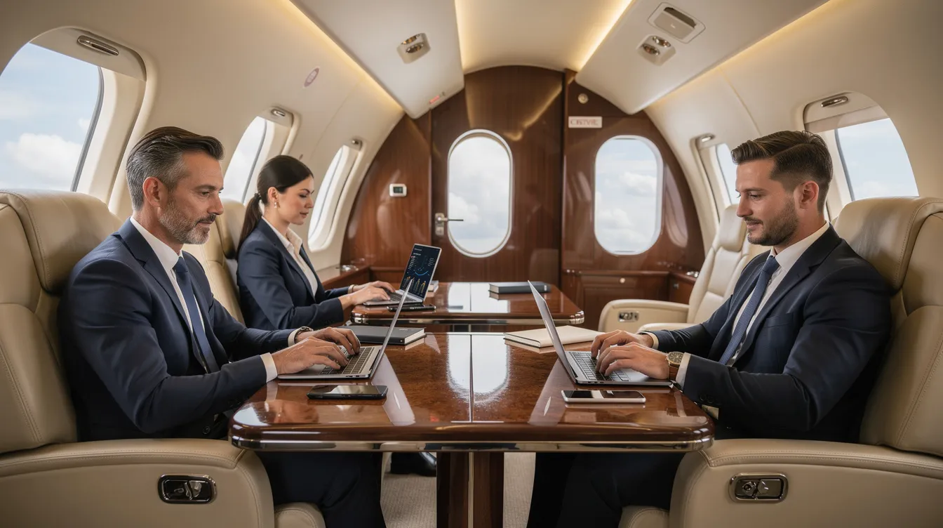 The image depicts business travelers working on their laptops inside the luxurious cabin of a private jet, which features spacious seating and power outlets for maximum efficiency. This elegant cabin space is designed for comfort and productivity, making it ideal for professionals in the world of business aviation.