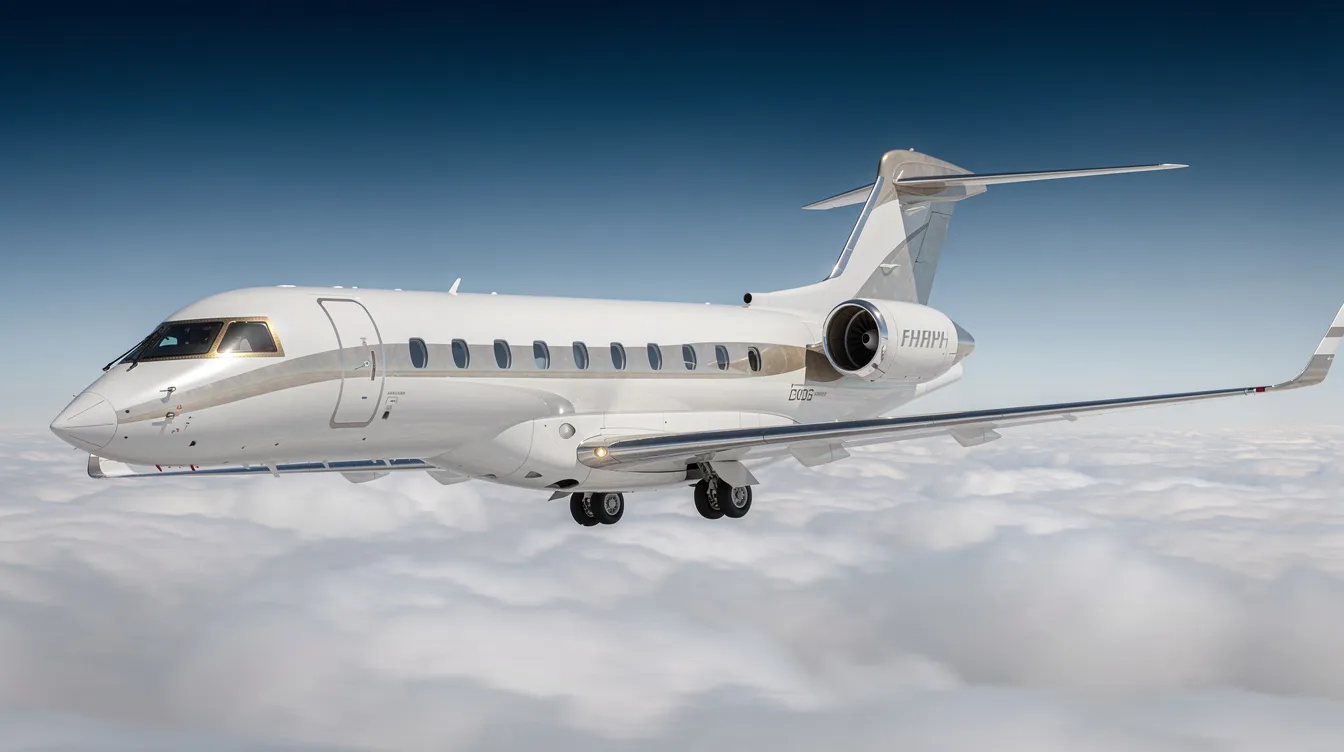 The image showcases the Bombardier Global 8000, a luxurious private jet known for its exceptional range and high-speed performance, featuring a spacious cabin with a grand suite and a forward galley. This aircraft, designed for business aviation, offers advanced technologies like a dual head-up display and weather radar, making it an ideal choice for long hauls and efficient travel.