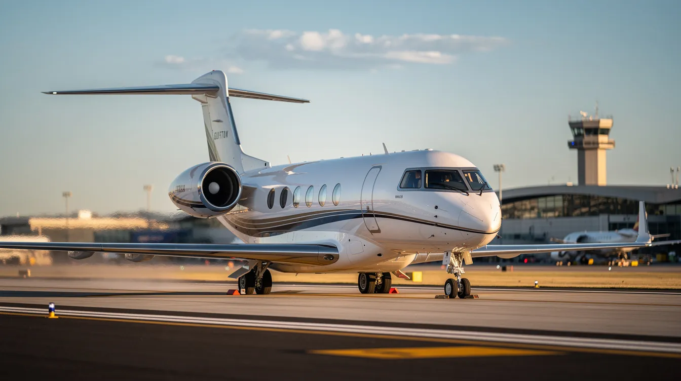 The image showcases the Gulfstream G800, a luxurious private jet known for its exceptional range and spacious cabin space. With features like a dual head-up display and a forward galley, this aircraft is designed for business aviation, offering passengers a comfortable and efficient flying experience.