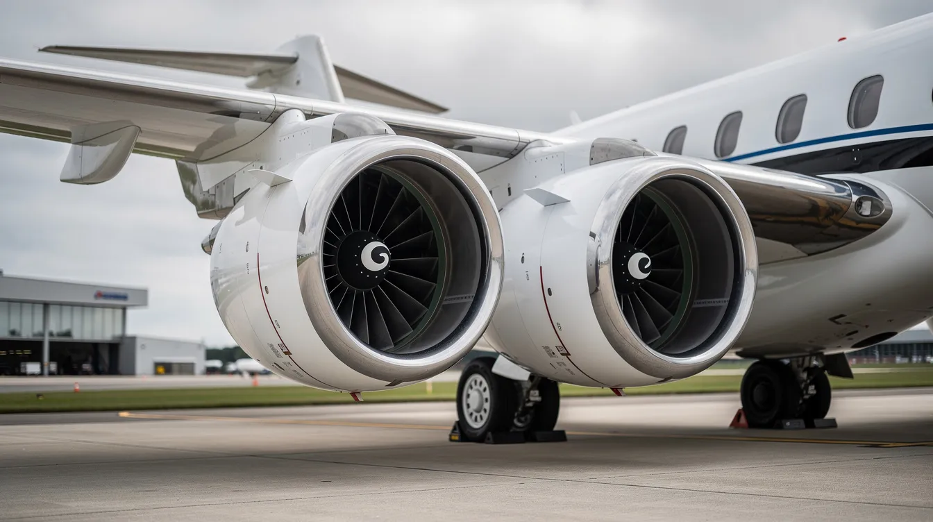 The image showcases a close-up view of modern private jet engines mounted on the wing, highlighting the advanced engineering and design features that contribute to the aircraft's exceptional range and performance. This visual emphasizes the sophistication of business aviation, illustrating the powerful engines that enable light jets to achieve high speeds and long-haul capabilities.