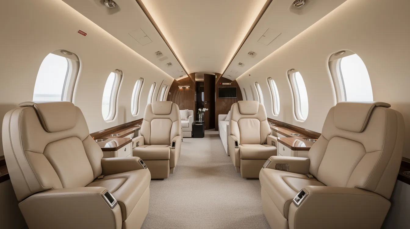 The image showcases a spacious private jet cabin interior, featuring luxurious leather seating and large windows that provide ample natural light. This elegant space is designed for comfort and functionality, making it ideal for business aviation and long hauls.