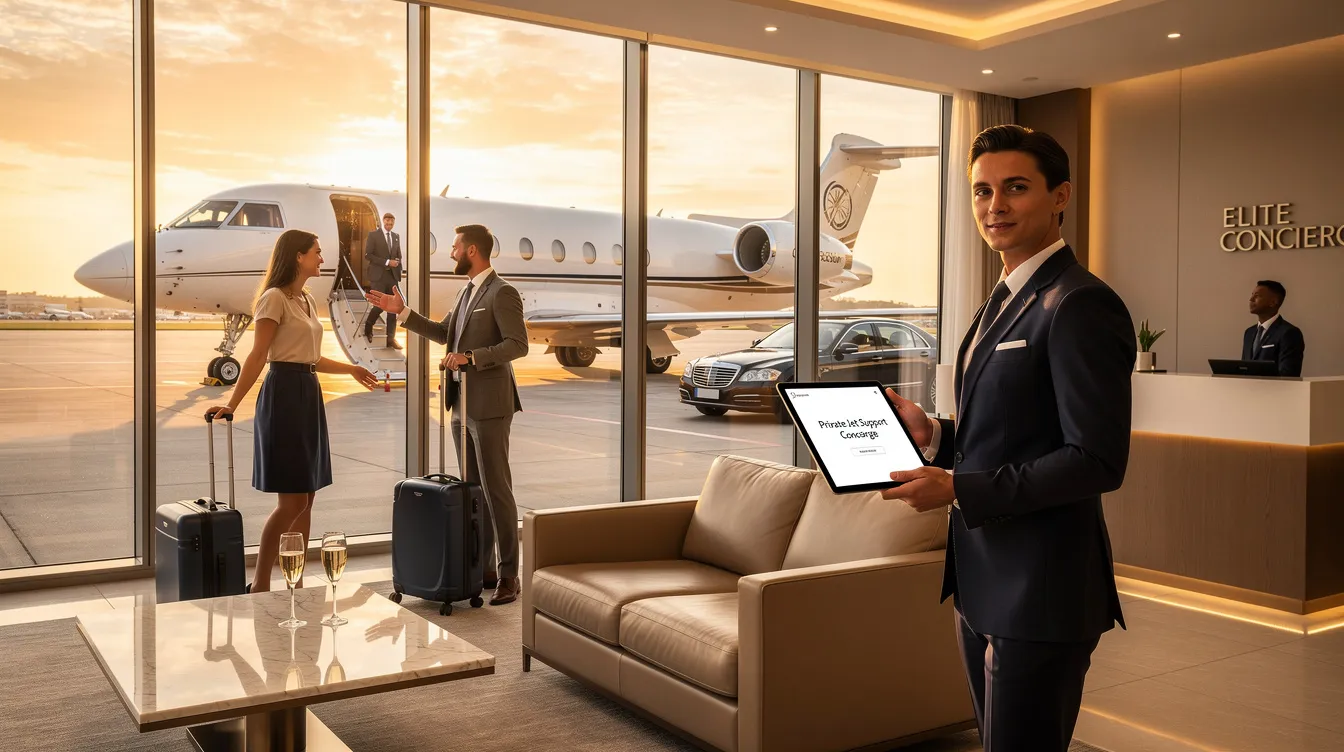 The image depicts a luxurious private jet, showcasing a diverse fleet of ultra long-range aircraft available for private travel across the globe. It highlights the concierge services and aviation experts committed to providing clients with the highest industry standards for their journey.