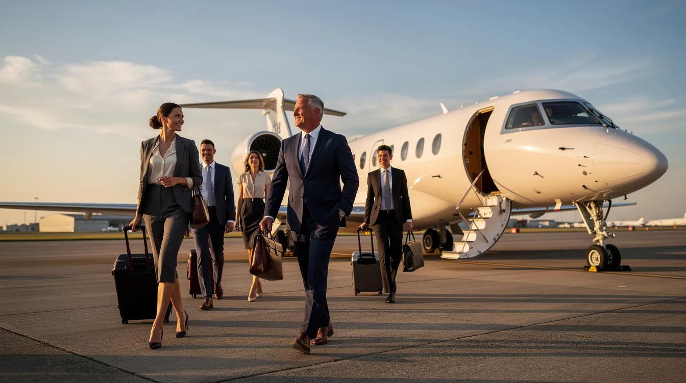 A group of diverse business professionals walks confidently towards a private jet on a runway, ready to embark on their journey across the globe. The scene captures the essence of luxury private travel, highlighting the convenience and efficiency of private jet charters.