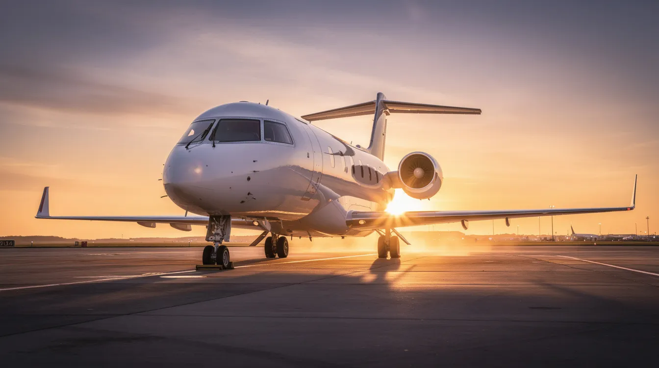 A sleek private jet is parked on an airport tarmac, bathed in the warm hues of a sunset. This ultra long range aircraft represents the pinnacle of luxury private travel, ready to provide global access for discerning passengers.