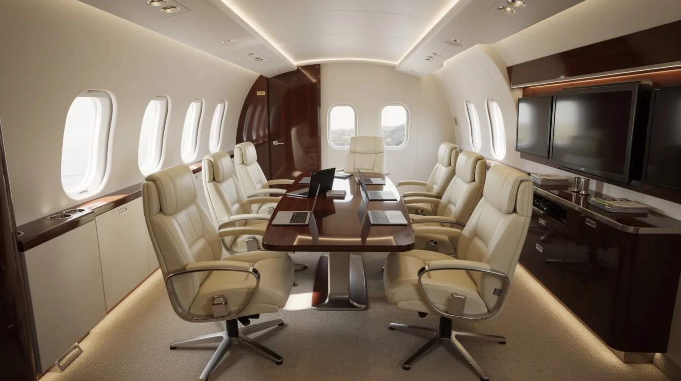 The image depicts a luxurious business jet interior featuring plush leather seats arranged for a conference setup, ideal for private travel and executive meetings. This sophisticated space exemplifies the comfort and personalized service offered by leading aircraft management companies, ensuring a premium experience for discerning travelers.