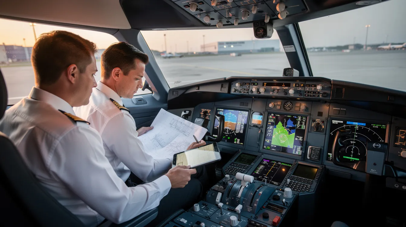 In the cockpit of a modern business jet, two pilots are focused on reviewing a detailed flight plan, ensuring operational excellence and safety management for their upcoming private flight. The aircraft is equipped to provide comfortable and personalized service to discerning travelers, showcasing the high standards of an industry leader in aircraft management services.