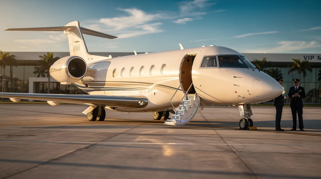The image depicts a luxurious private jet on a runway, symbolizing the pinnacle of private aviation and aircraft management services. This executive jet, part of a diverse fleet, represents the comfort and personalized service offered to discerning travelers seeking efficient and safe private flights.