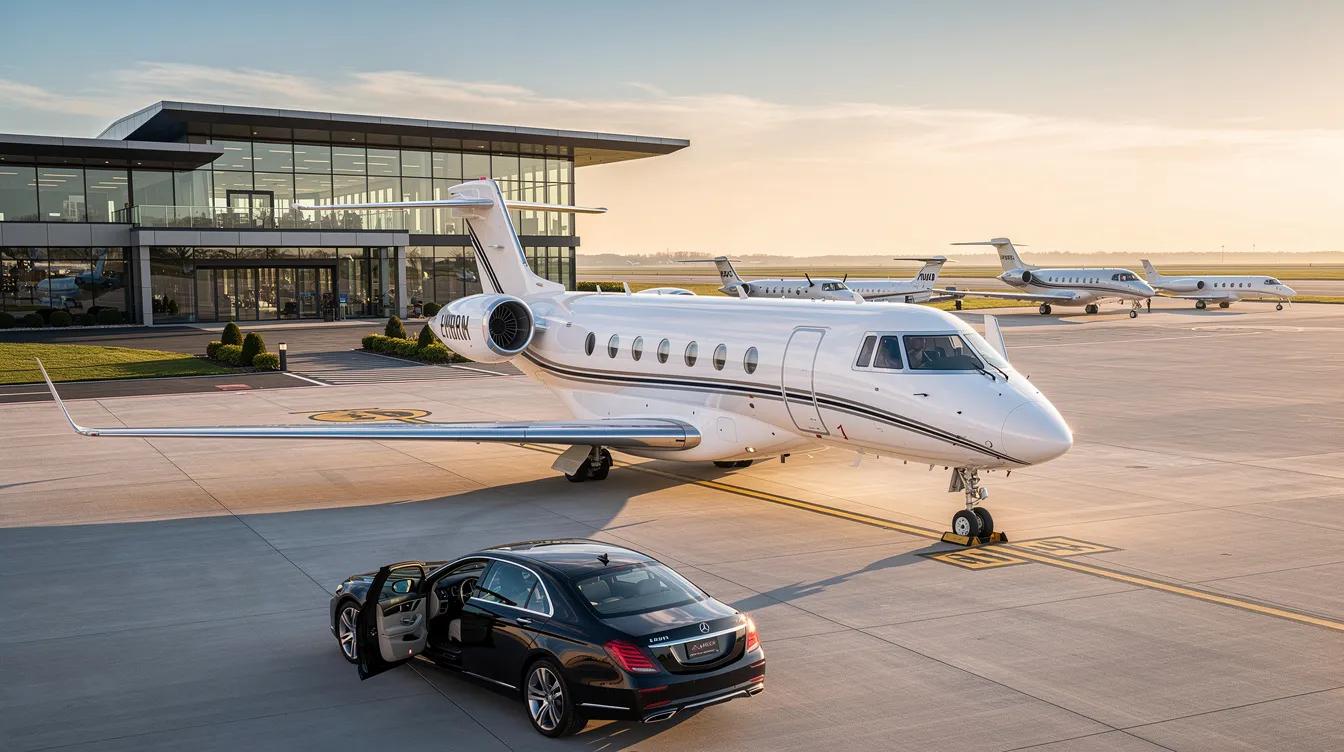 The image depicts a sleek private jet parked at a modern airport, showcasing the luxury and convenience of private jet travel. With spacious cabins and a focus on comfort, this private jet charter offers an exclusive experience for flights to destinations like Las Vegas, ensuring a hassle-free journey.