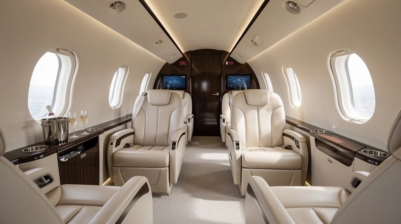 The image depicts the luxurious interior of a private jet cabin, featuring plush leather seats and modern amenities designed for comfort and convenience during private jet travel. This elegant space is ideal for charter flights to destinations like Las Vegas, offering a refined atmosphere for passengers.