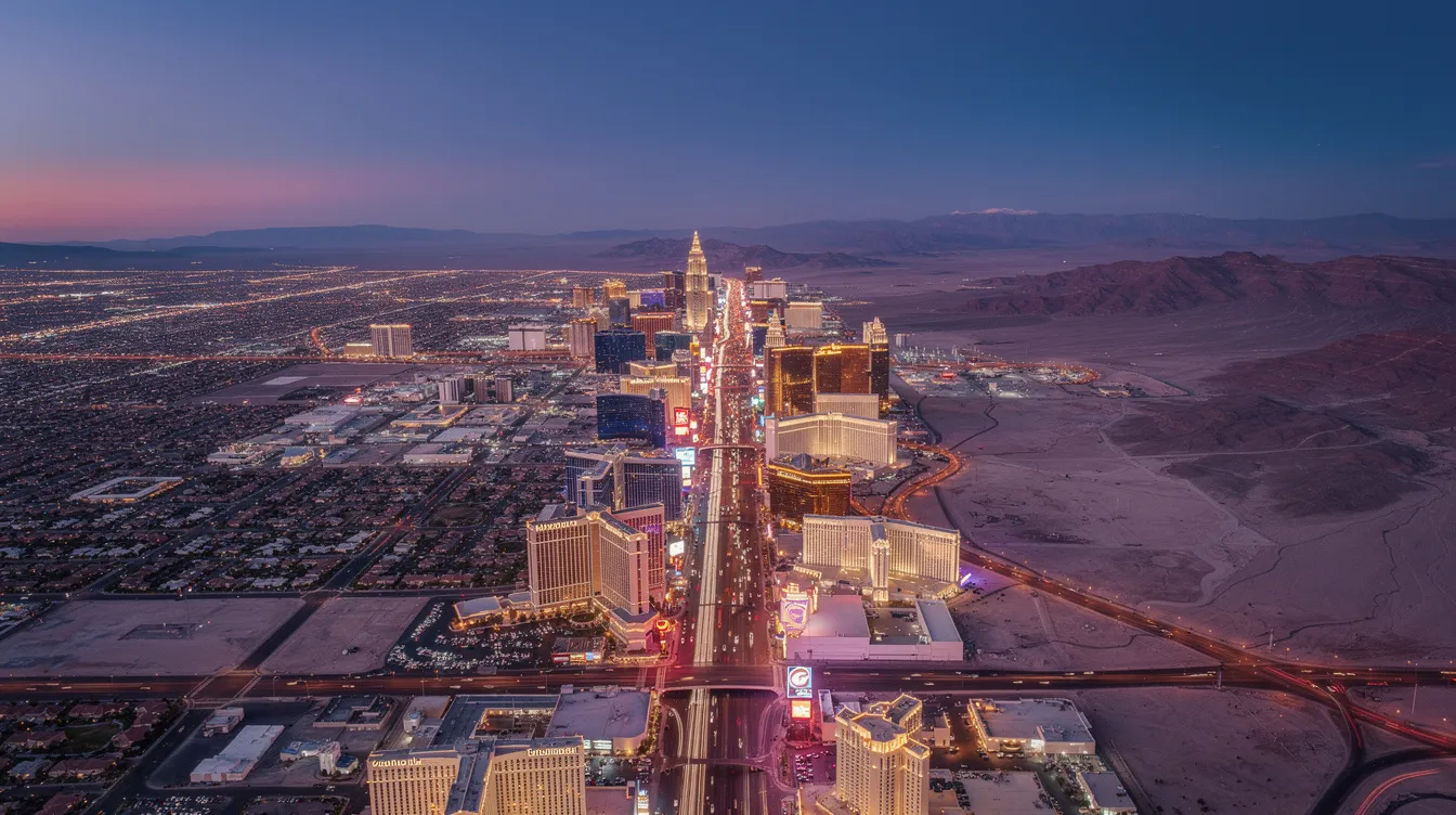 An aerial view captures the vibrant Las Vegas Strip at dusk, surrounded by the vast desert landscape, showcasing the city's bright lights and iconic architecture. This scene reflects the allure of private jet charter flights to this entertainment capital, offering a luxurious travel experience away from crowded terminals and long security lines.