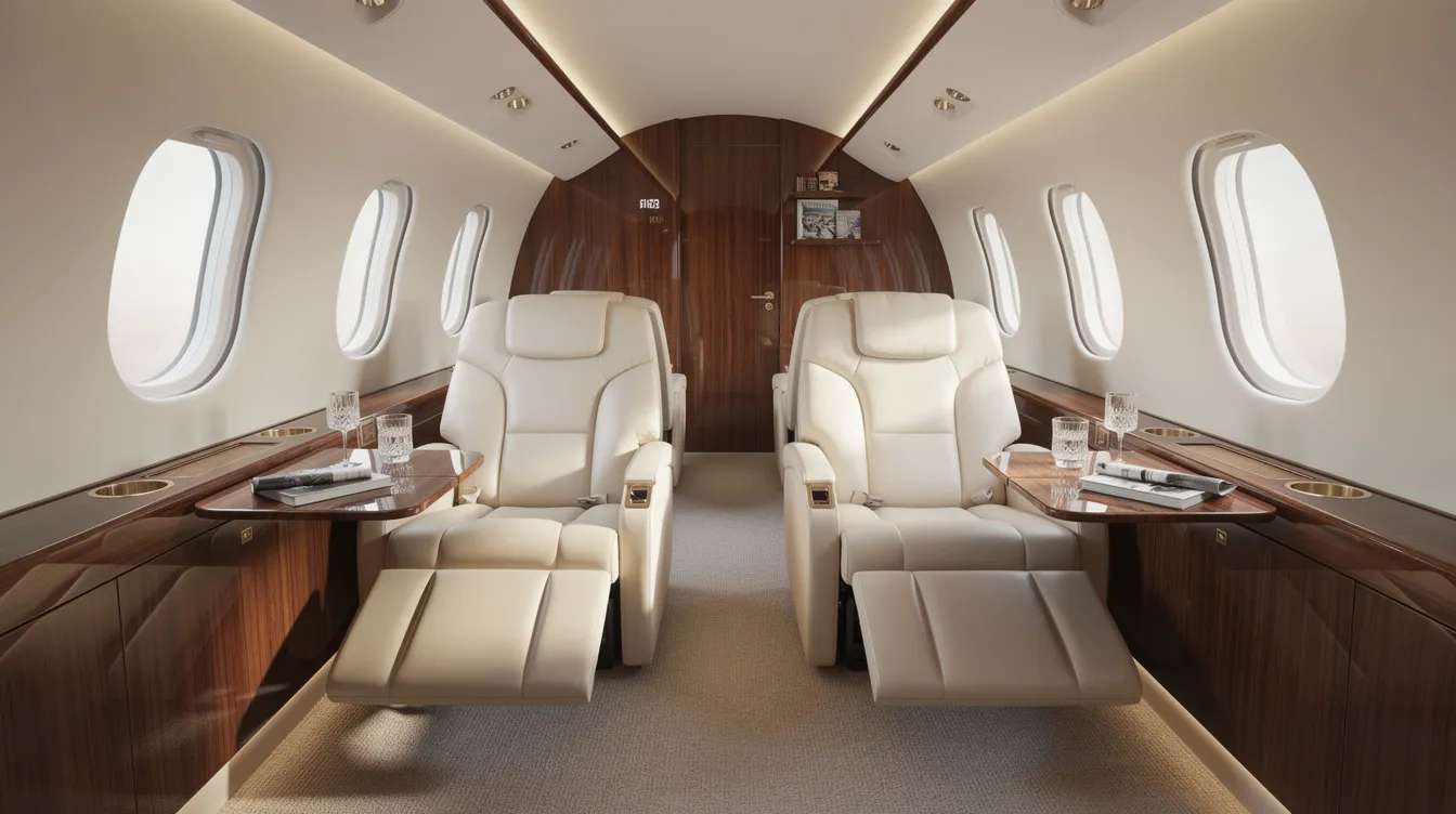 The image depicts the luxurious interior of a private jet cabin, featuring plush leather recliners and elegant wood trim, creating a sophisticated travel experience. This setting exemplifies the comfort and style associated with private jet charter flights, ideal for seamless travel to destinations like Las Vegas.