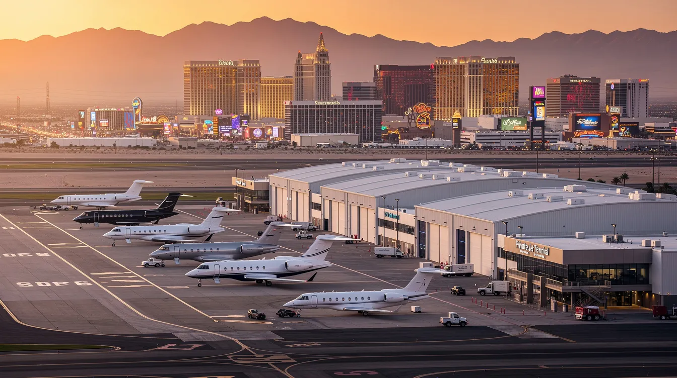 The image showcases various private flight airports in Las Vegas, including Harry Reid International Airport, Henderson Executive Airport, and North Las Vegas Airport, highlighting the convenience of private jet charter flights. It emphasizes the luxury and personalized service of private aviation, allowing travelers to avoid long security lines and enjoy spacious seating.