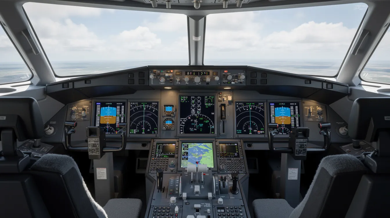 The image depicts the interior cockpit of a modern aircraft, showcasing advanced digital avionics displays used by flight crews. This high-tech environment is crucial for ensuring safety management systems are in place, helping to minimize the fatal accident rate in both commercial and private aviation.