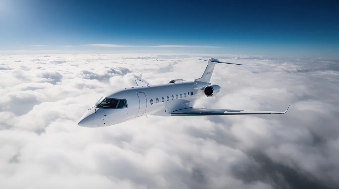 A private jet aircraft soars above a blanket of white clouds against a bright blue sky, illustrating the allure of private aviation. This serene scene contrasts with aviation safety statistics, such as the national transportation safety board's findings on general aviation accidents and the importance of safety management systems in reducing the fatal accident rate.