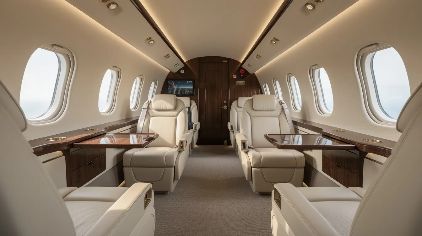 The image depicts the interior of a modern aircraft cabin featuring cream leather seats and elegant wood trim, designed for comfort and sophistication. This luxurious space accommodates up to seven people, highlighting the aircraft's exceptional fuel efficiency and advanced safety features.