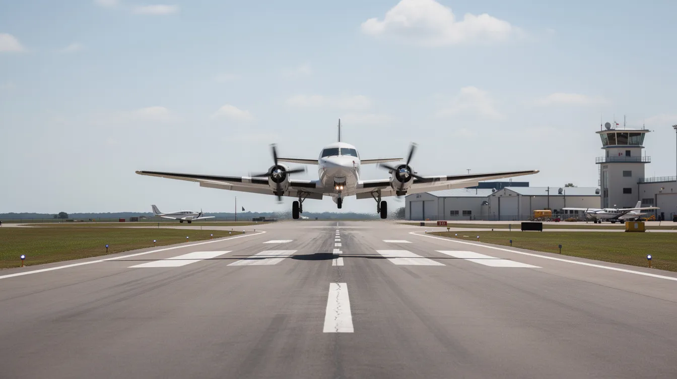 A small twin-engine aircraft, specifically a Diamond DA62, is taking off from a regional airport runway, showcasing its exceptional fuel efficiency and advanced safety features. The aircraft, with its sleek design and gull wing doors, is capable of accommodating up to seven people, making it ideal for private owners and commercial pilots alike.