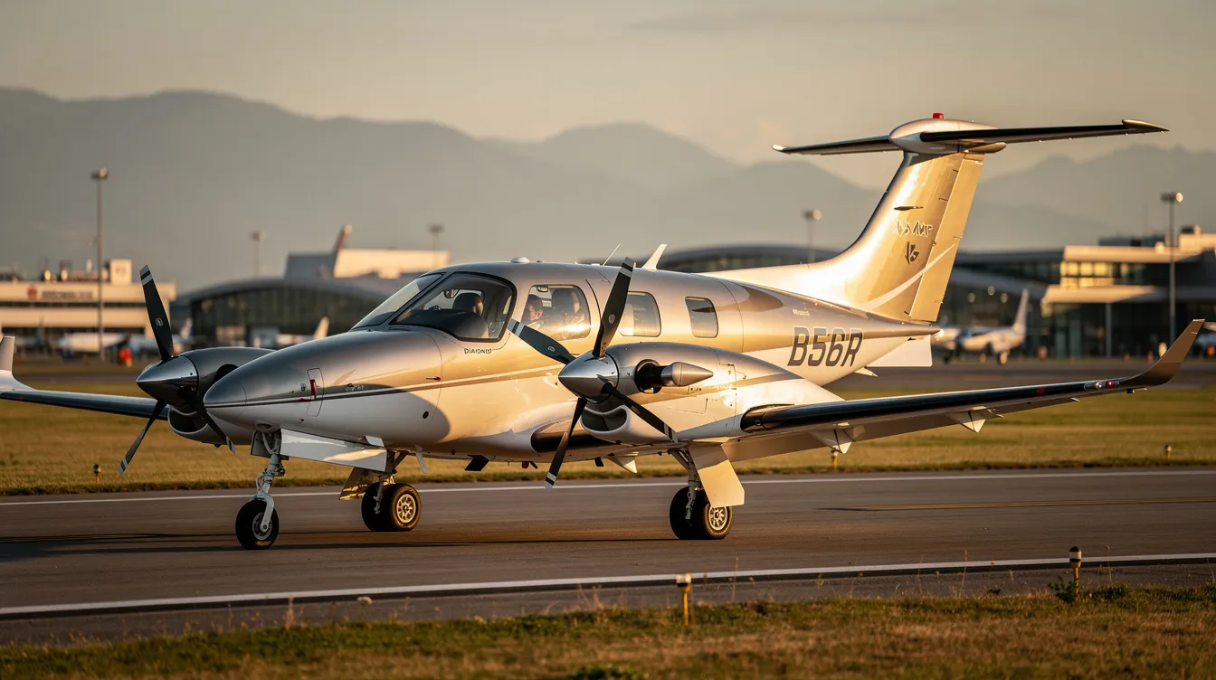 The image showcases a sleek Diamond DA 62 aircraft, featuring forward gull wing doors and a spacious interior designed to accommodate up to seven people. This brand new airplane is equipped with twin engines, exceptional fuel efficiency, and advanced avionics options, making it ideal for both private owners and commercial pilots.