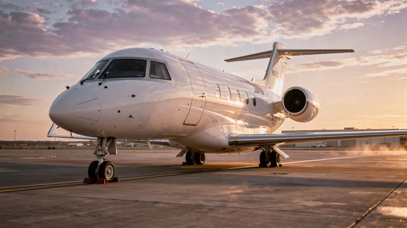 A private jet aircraft is parked on an airport tarmac, bathed in the warm hues of sunset. The scene highlights the sleek design of the aircraft, showcasing its spacious cabin and sophisticated glass cockpit outfitted with advanced avionics, ideal for both experienced pilots and student pilots in flight training.