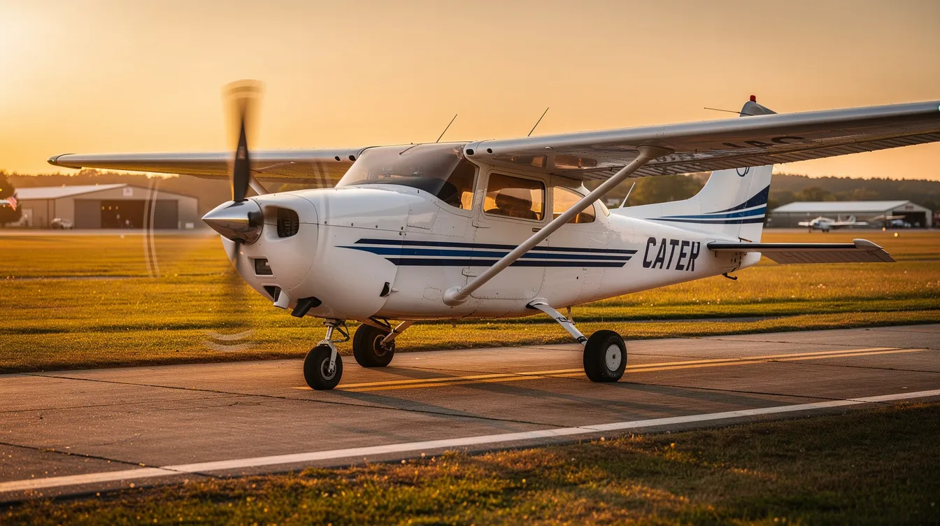 The image features a Cessna 172 Skyhawk, a popular single-engine aircraft known for its spacious cabin and high wing design, providing great visibility for pilots. This versatile training aircraft is equipped with a sophisticated Garmin G1000 avionics package, making it an ultimate choice for flight training and student pilots.