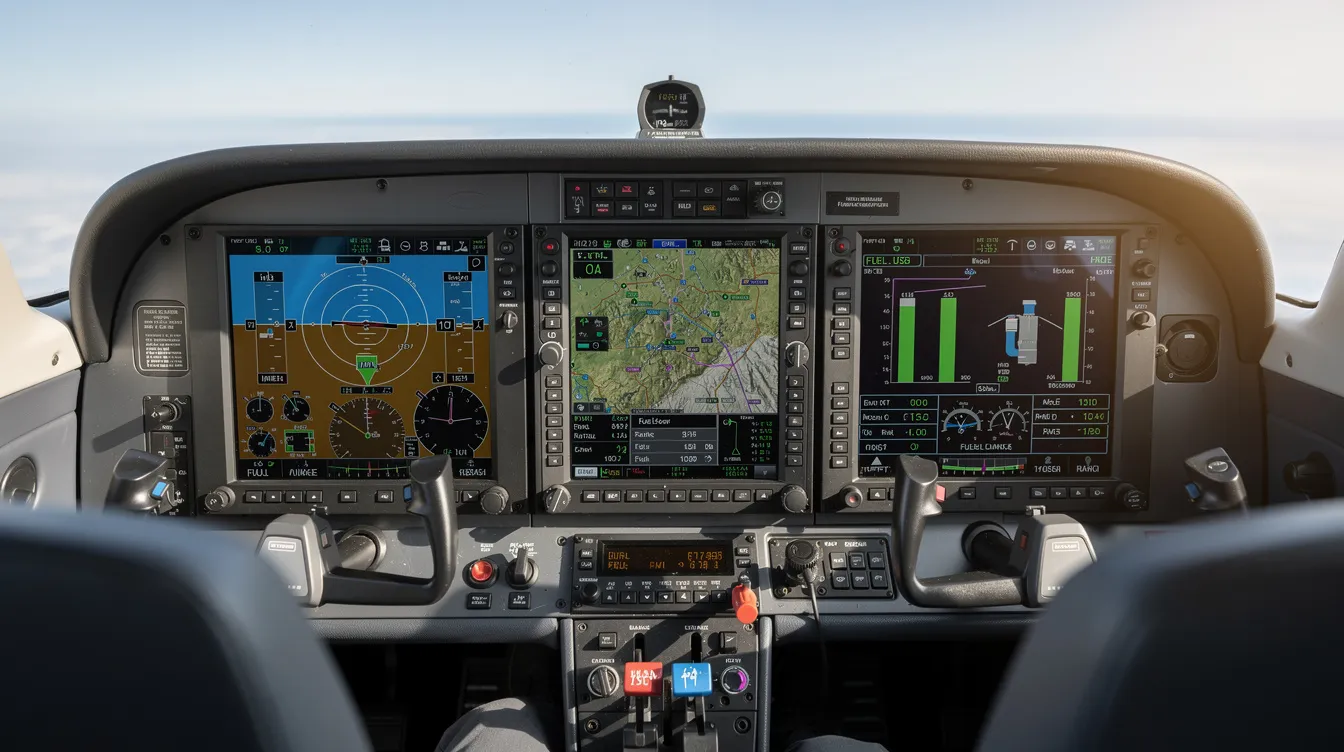The image depicts the cockpit of a Cessna 172 Skyhawk, showcasing the sophisticated Garmin G1000 avionics display, which includes fuel management screens essential for flight training. This popular single-engine aircraft is known for its spacious cabin and simplistic flight characteristics, making it an ultimate training aircraft for student pilots.