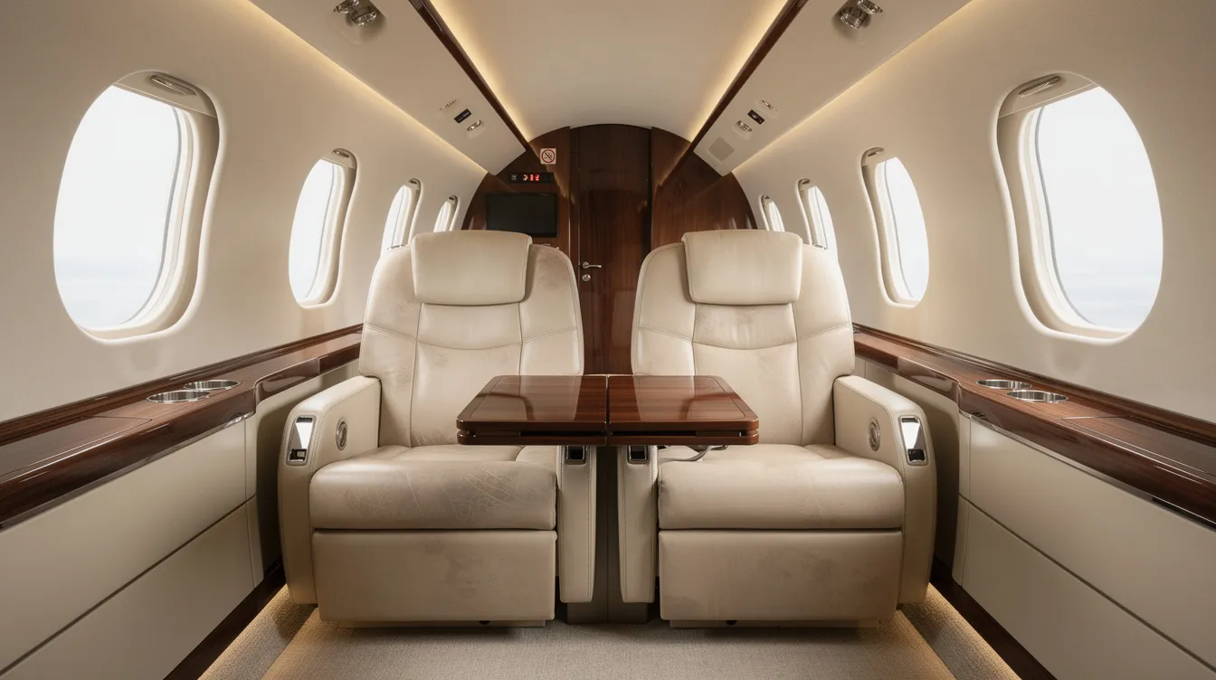 The image depicts the luxurious interior of a business jet cabin, featuring plush leather seats and elegant wood trim, designed for comfort and style. This sophisticated space is typical of aircraft like the Bombardier Challenger 604, often used for charter flights in regions like Southwest Florida.