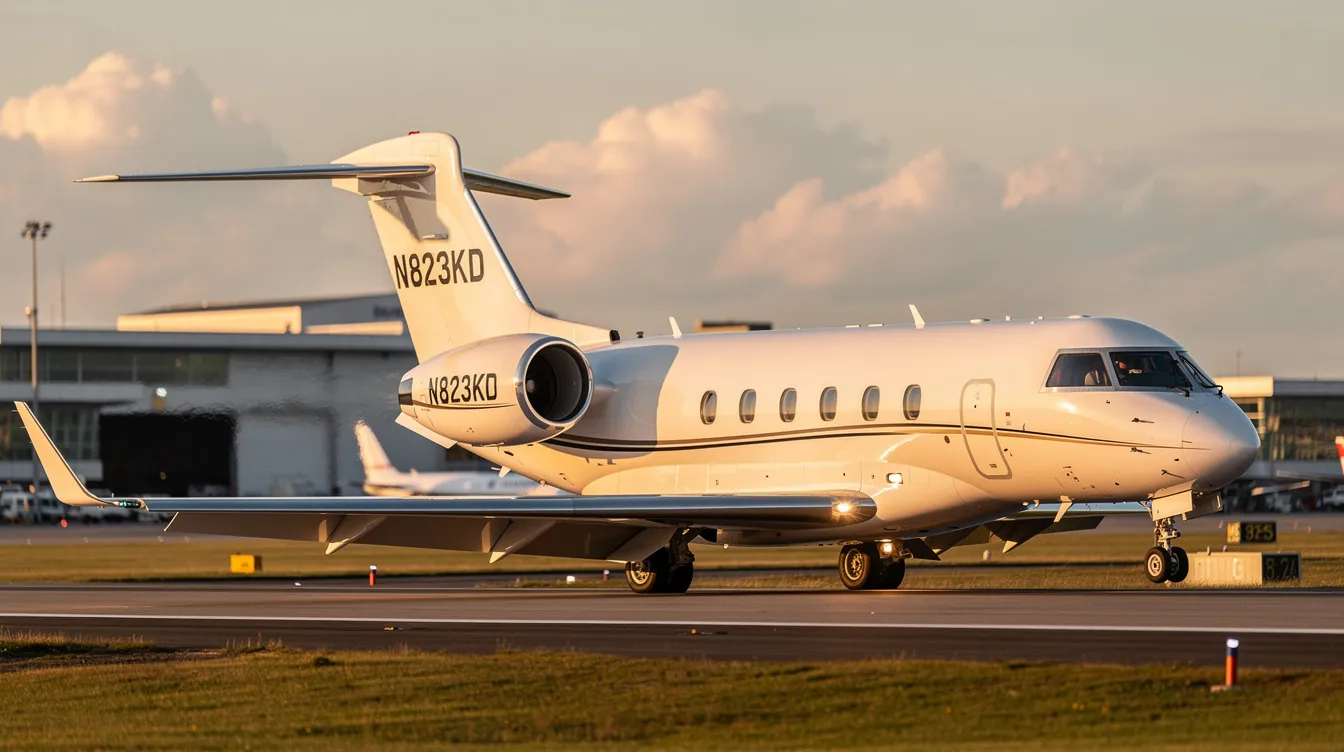 The image depicts a Bombardier Challenger 604 jet, involved in a plane crash during an emergency landing near Naples Airport, Florida. The scene shows the remains of the aircraft on the ground, with smoke rising from a post-crash fire, highlighting the serious nature of the incident that involved two pilots and two passengers.