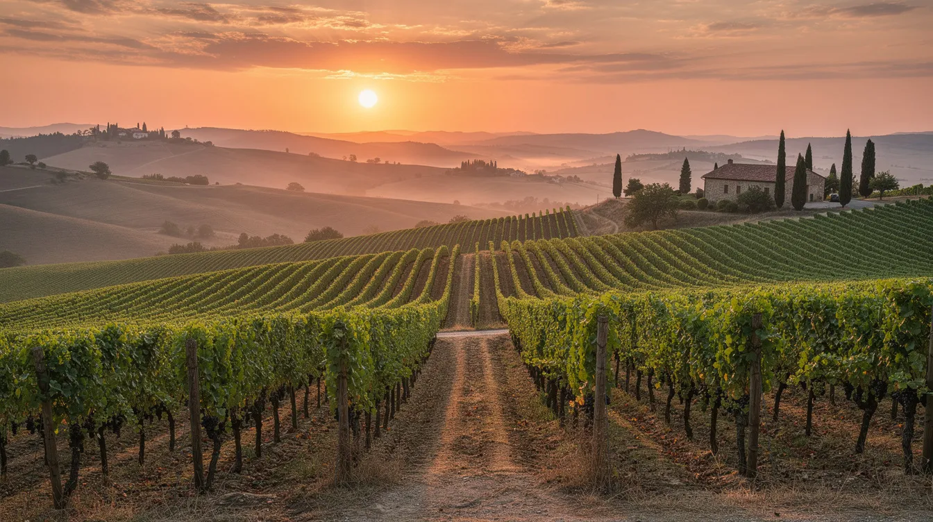 The image depicts a picturesque vineyard landscape in southern California's wine country, featuring rolling hills bathed in the warm hues of sunset. This serene scene captures the charm of the French Valley, inviting visitors to explore nearby attractions like the town of Temecula and its historic district.