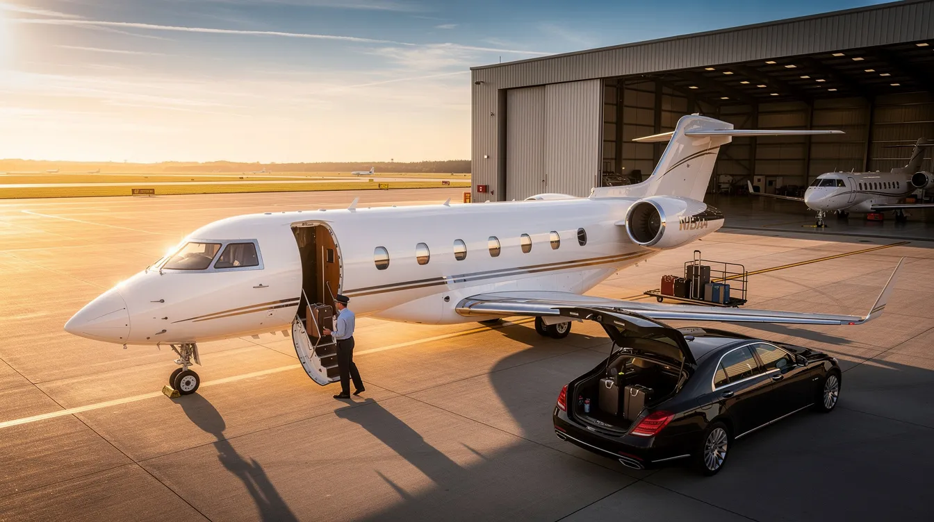 The image showcases a private jet parked at the French Valley Airport in Southern California, surrounded by scenic views of the nearby wine country and the charming town of Temecula. This location offers convenient access to outdoor attractions, fine restaurants, and championship golf courses, making it a perfect spot for visitors seeking an unforgettable experience in Riverside County.