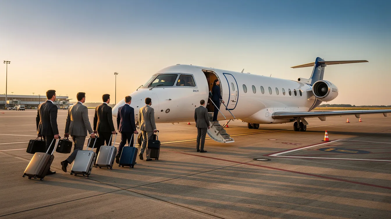 A group of business professionals is boarding a small regional jet, specifically an Embraer ERJ 145, on the airport tarmac, ready for their flight. The aircraft features 50 seats in the main cabin, including exit row seats and bulkhead seats that offer extra legroom for a more comfortable ride.