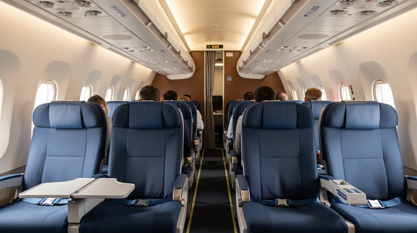 The image displays the seating chart for the Embraer RJ145, a tiny plane commonly used for regional flights, featuring 50 seats arranged in the main cabin. It highlights various seat options, including exit row seats with extra legroom, bulkhead seats, and standard configurations, providing details for travelers to choose the best seats for comfort during their ride.