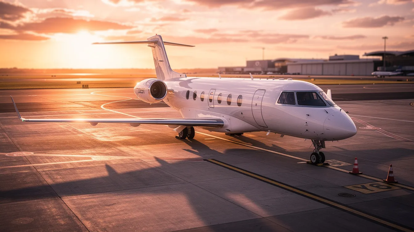 A Gulfstream G650 private jet is parked on the tarmac, silhouetted against a vibrant sunset sky. The aircraft, known for its ultra-long range and maximum speed, features sleek lines and large cabin windows, reflecting the hues of the setting sun.