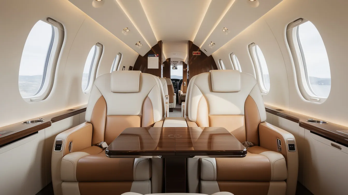 The image depicts the luxurious interior of a Gulfstream G650 private jet cabin, featuring plush leather seating and large cabin windows that allow natural light to fill the space. The elegant design emphasizes comfort for passengers, making it an ideal setting for business aviation and long-range flights.