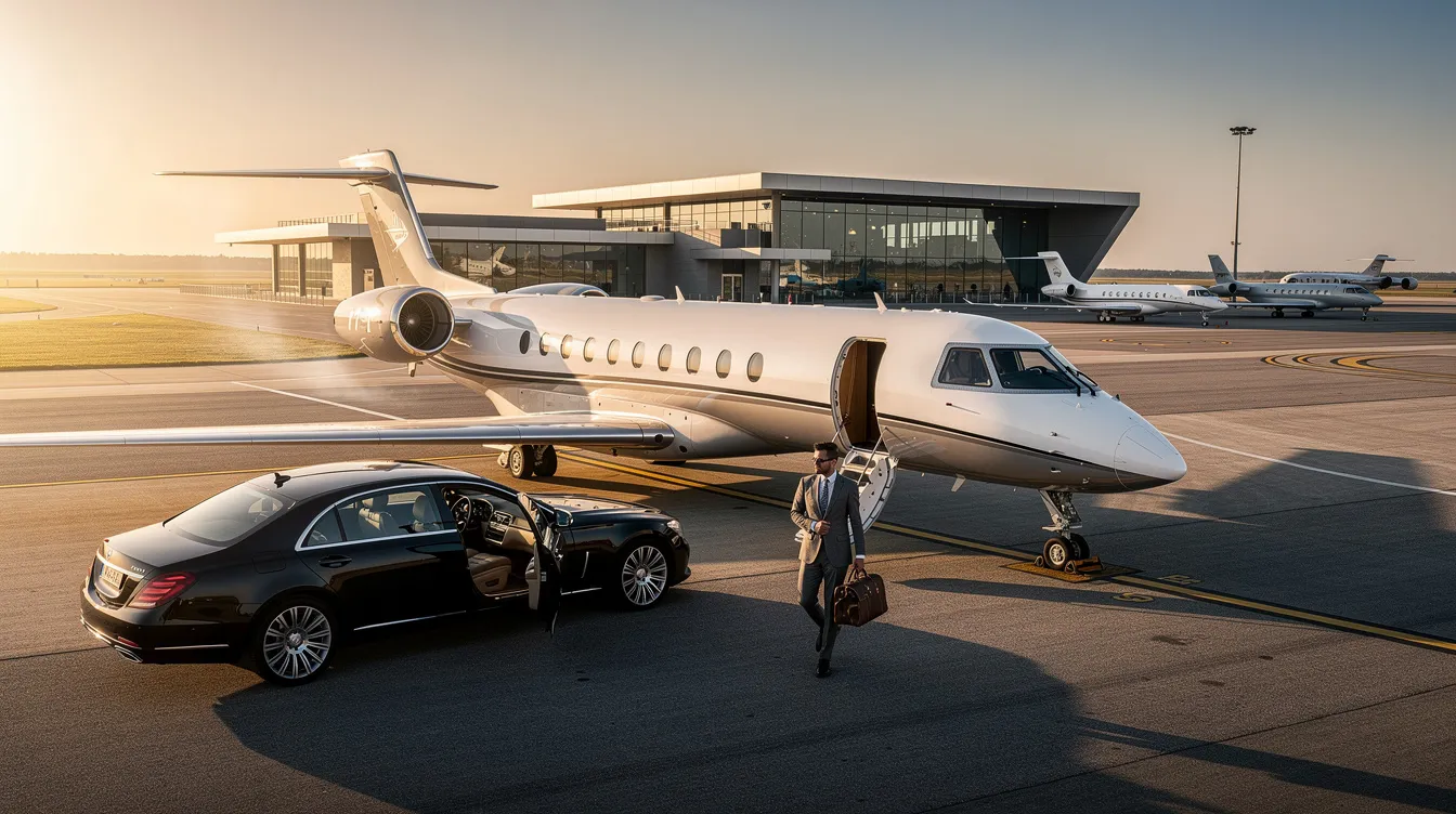 The image depicts a luxurious private jet ready for takeoff, showcasing the sleek design and spacious cabin interiors that emphasize comfort and exclusivity. This symbolizes the high-end experience offered by private aviation, appealing to travelers seeking a unique getaway with personalized service.