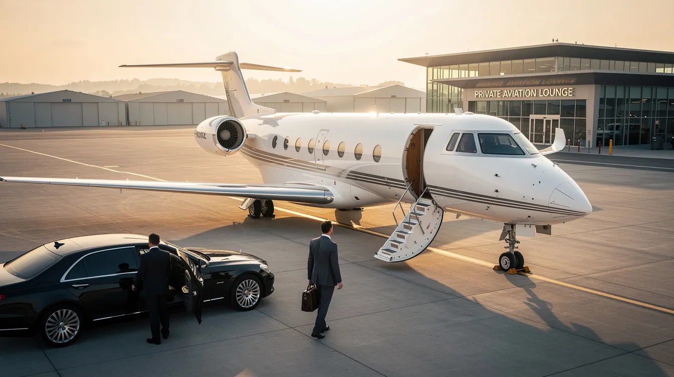 The image depicts a luxurious private jet ready for takeoff, showcasing the sleek design and spacious cabin interiors that emphasize comfort and exclusivity. This symbolizes the high-end experience offered by private aviation, appealing to travelers seeking a unique getaway with personalized service.