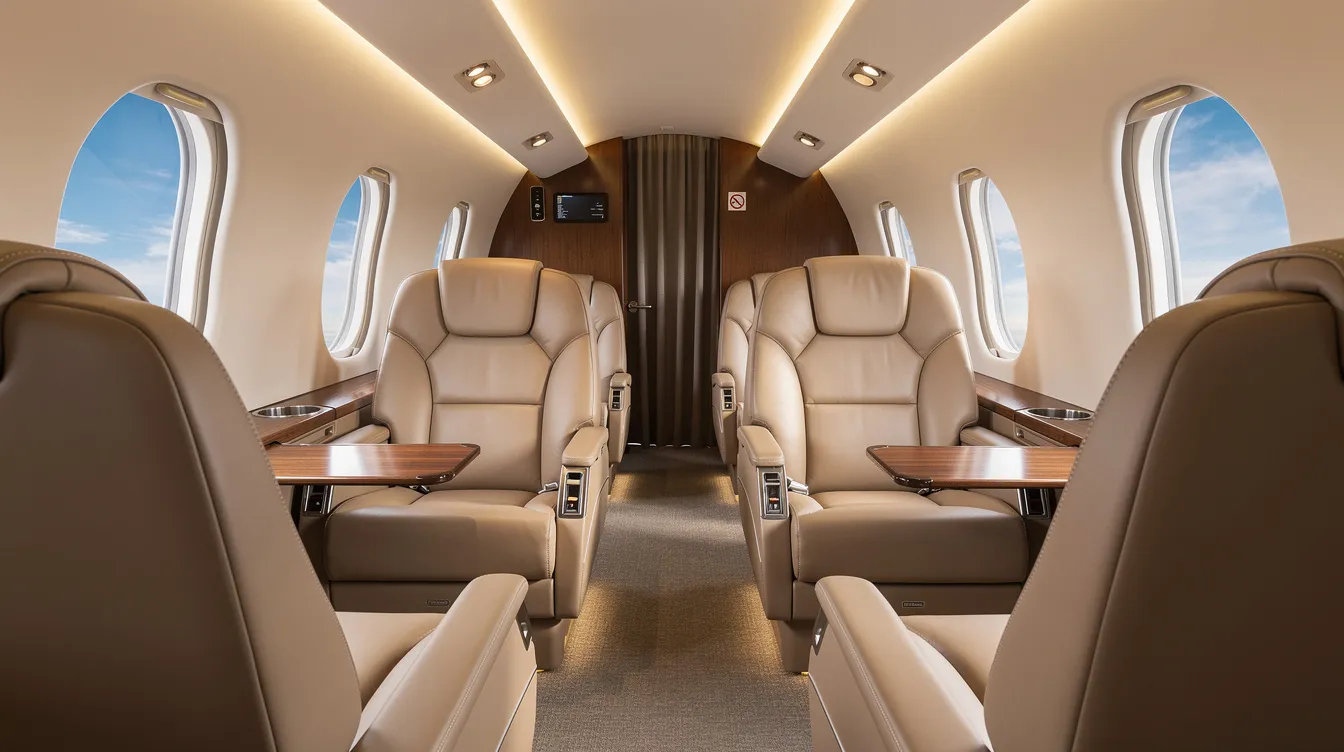 The image showcases a luxurious private jet cabin featuring plush leather seats and elegant oval windows, designed for comfort and sophistication. This interior exemplifies the high standards of the private jet charter market, providing a serene environment for up to eight passengers.