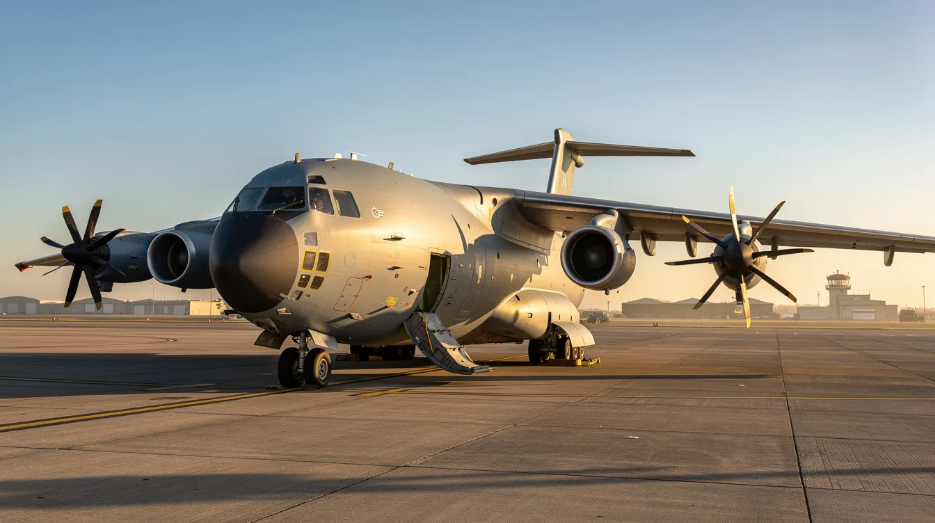 A military transport aircraft is parked on an airfield tarmac under a clear blue sky, showcasing its larger fuselage and upgraded engines. This aircraft, part of the United States Air Force, is designed for efficient cargo transport and features a spacious cabin for personnel or equipment.