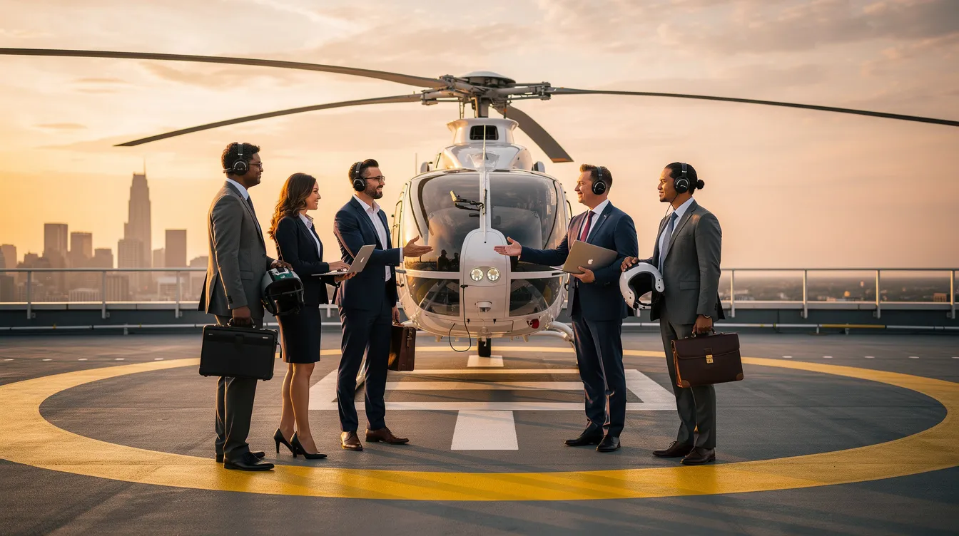 A group of business professionals stands near a Robinson helicopter on a fixed skid landing gear pad, discussing plans before takeoff. The helicopter, known for its reliability and efficiency, features an impact-resistant windshield and is equipped with advanced instruments for optimal pilot workload management.