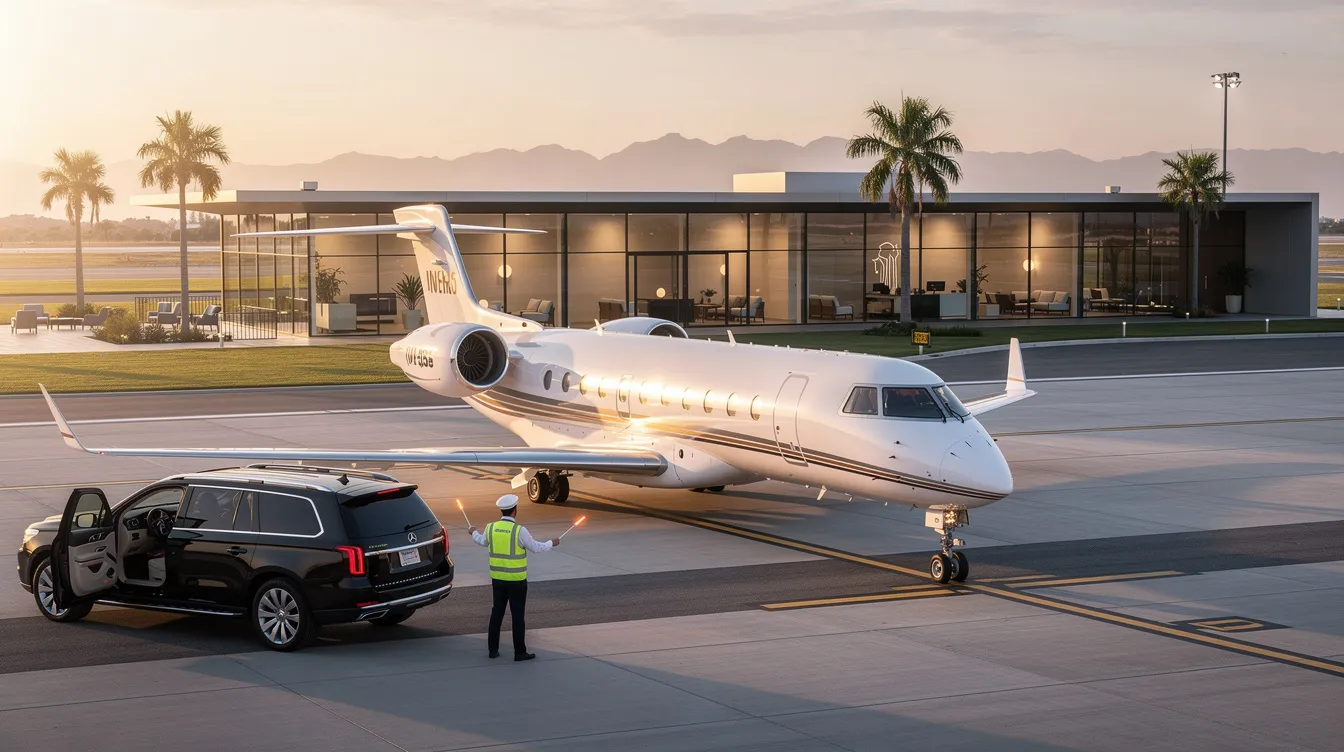 The image depicts a sleek corporate jet parked at a private airport, highlighting the luxurious aspect of private aviation. It represents the aircraft leasing industry, showcasing the benefits of leasing arrangements for business aircraft, including operational control and tax advantages.