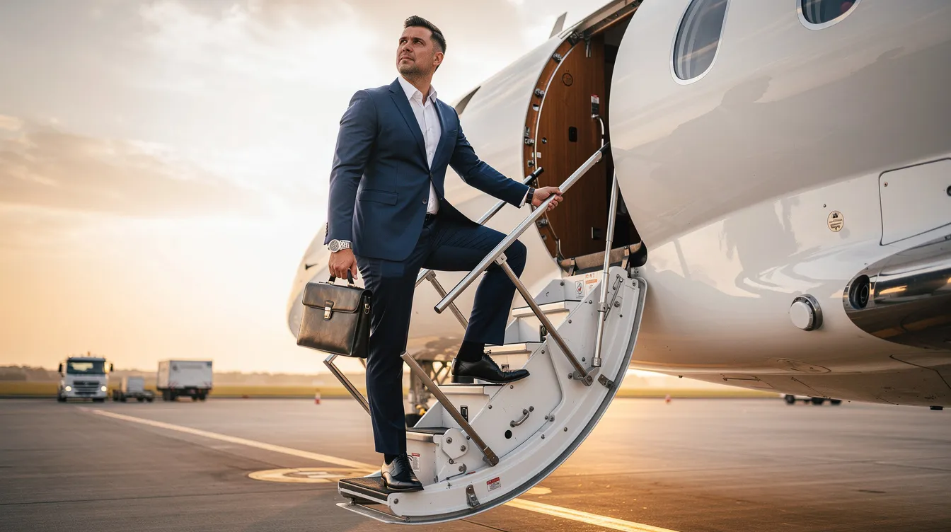 An executive is stepping onto the stairs of a private aircraft, ready for a corporate jet flight. This image highlights the luxury of business aircraft and the operational control that comes with leasing arrangements in the aircraft leasing industry.