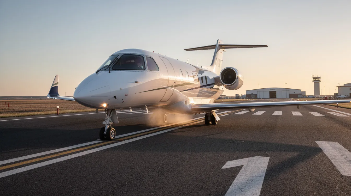 A light jet aircraft is positioned on a runway, ready for departure, showcasing its sleek design and powerful engines under the bright sunlight. The image captures the essence of aviation technology and the excitement of flight, highlighting the aircraft's sharp lines and vibrant colors against the blue sky.