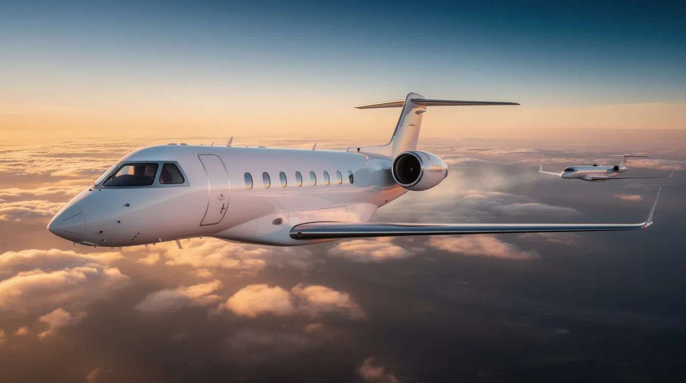 The image showcases a luxurious private jet interior, highlighting plush seating and elegant design elements. This setting represents the pinnacle of private aviation, emphasizing comfort and exclusivity in air travel.